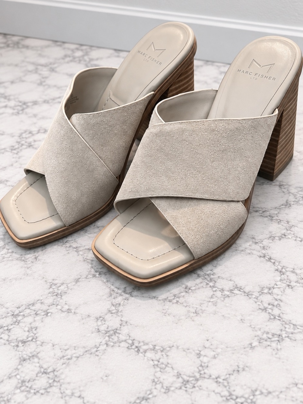 Marc Fisher Light Beige Suede Crisscross Block Heel Mules